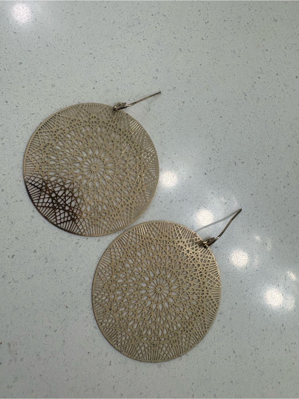 Large Filigree Round Drop Earrings - Gold Tone